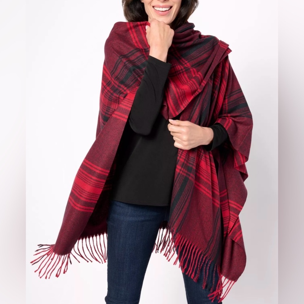 Belle by Kim Gravel Red and Black Plaid Ruana